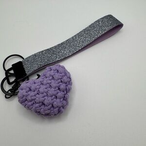 Gray Glitter Wristlet Keychain with Puffy Purple Heart.